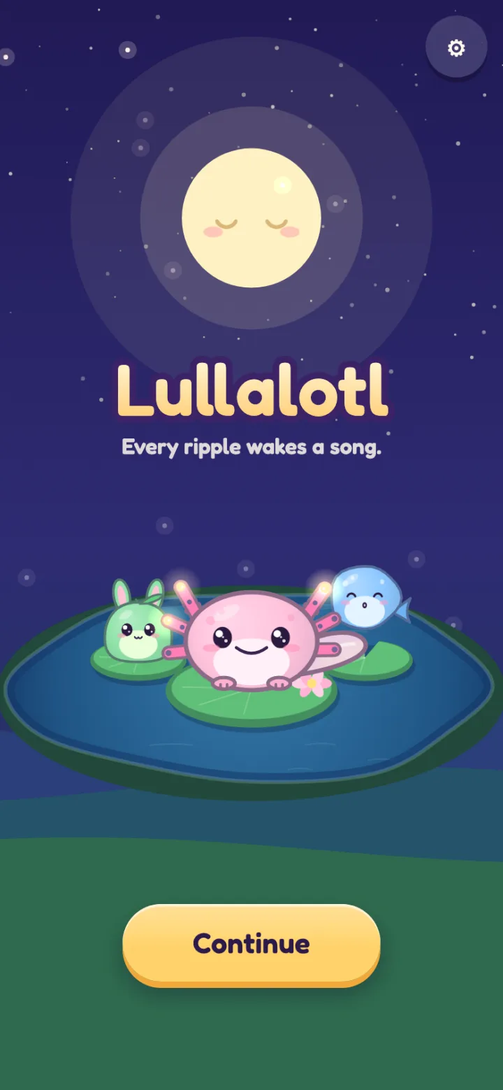Lullalotl title screen: Lulla and two friends on lily pads under a sleepy moon